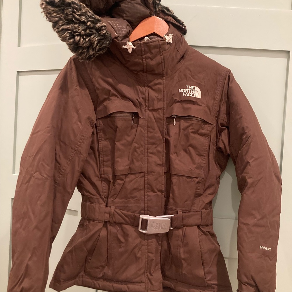 Y2K brown hooded belted north face ski jacket small women’s - Picture 6 of 8